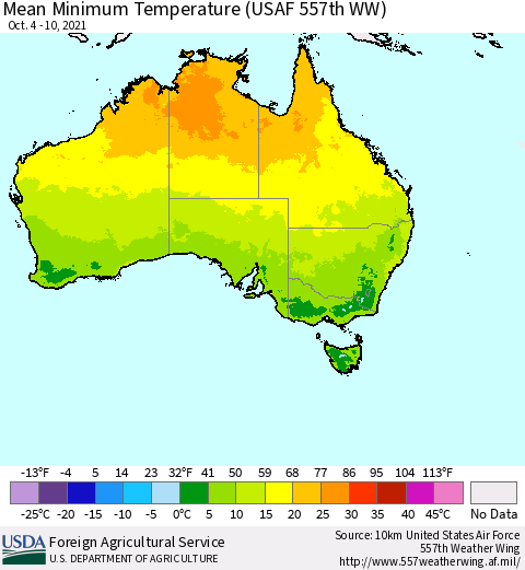 Australia Mean Minimum Temperature (USAF 557th WW) Thematic Map For 10/4/2021 - 10/10/2021
