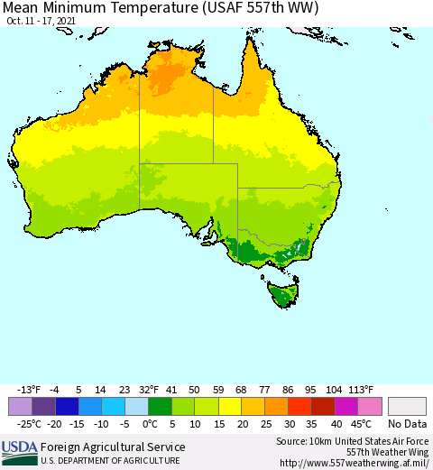 Australia Mean Minimum Temperature (USAF 557th WW) Thematic Map For 10/11/2021 - 10/17/2021