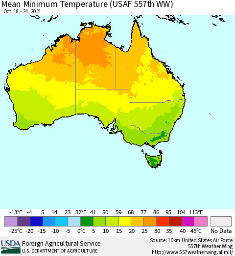 Australia Mean Minimum Temperature (USAF 557th WW) Thematic Map For 10/18/2021 - 10/24/2021
