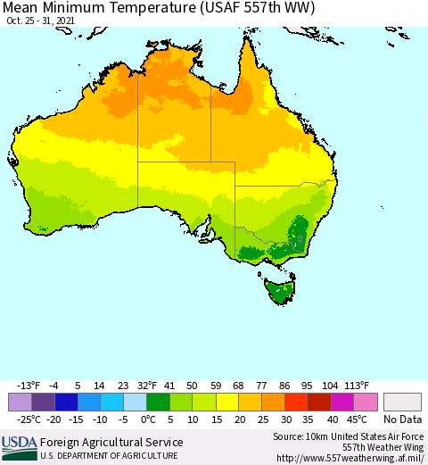 Australia Mean Minimum Temperature (USAF 557th WW) Thematic Map For 10/25/2021 - 10/31/2021