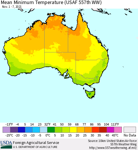 Australia Mean Minimum Temperature (USAF 557th WW) Thematic Map For 11/1/2021 - 11/7/2021