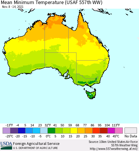 Australia Mean Minimum Temperature (USAF 557th WW) Thematic Map For 11/8/2021 - 11/14/2021