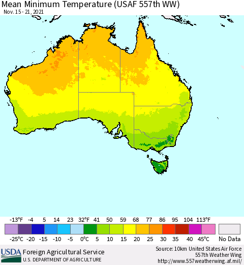 Australia Mean Minimum Temperature (USAF 557th WW) Thematic Map For 11/15/2021 - 11/21/2021