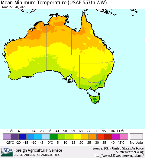 Australia Mean Minimum Temperature (USAF 557th WW) Thematic Map For 11/22/2021 - 11/28/2021
