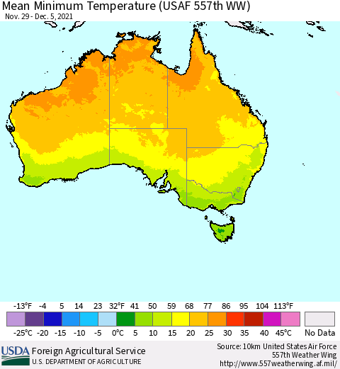 Australia Mean Minimum Temperature (USAF 557th WW) Thematic Map For 11/29/2021 - 12/5/2021