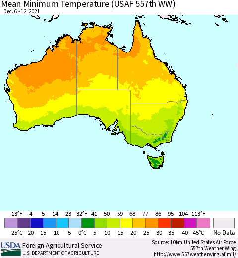 Australia Mean Minimum Temperature (USAF 557th WW) Thematic Map For 12/6/2021 - 12/12/2021
