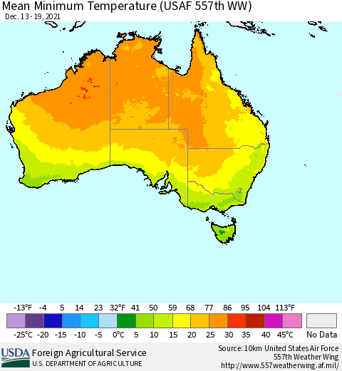 Australia Mean Minimum Temperature (USAF 557th WW) Thematic Map For 12/13/2021 - 12/19/2021
