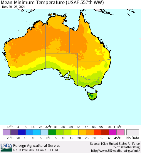Australia Mean Minimum Temperature (USAF 557th WW) Thematic Map For 12/20/2021 - 12/26/2021