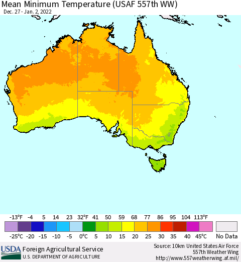 Australia Mean Minimum Temperature (USAF 557th WW) Thematic Map For 12/27/2021 - 1/2/2022