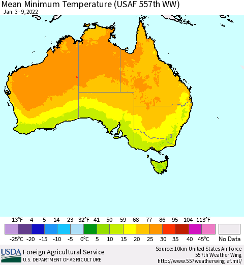 Australia Mean Minimum Temperature (USAF 557th WW) Thematic Map For 1/3/2022 - 1/9/2022