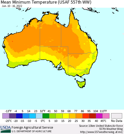 Australia Mean Minimum Temperature (USAF 557th WW) Thematic Map For 1/10/2022 - 1/16/2022