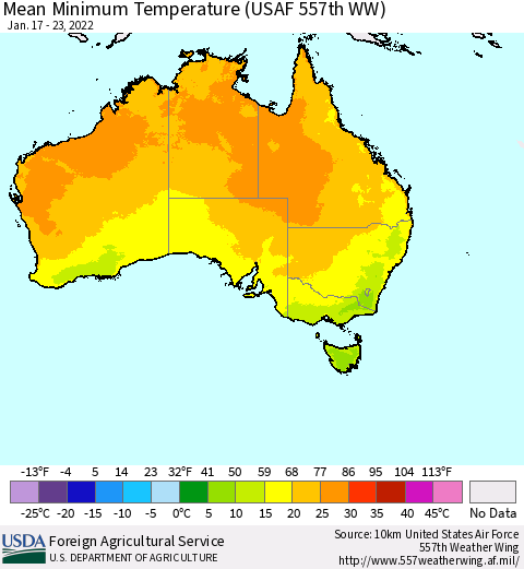 Australia Mean Minimum Temperature (USAF 557th WW) Thematic Map For 1/17/2022 - 1/23/2022