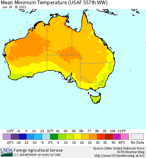 Australia Mean Minimum Temperature (USAF 557th WW) Thematic Map For 1/24/2022 - 1/30/2022