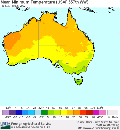 Australia Mean Minimum Temperature (USAF 557th WW) Thematic Map For 1/31/2022 - 2/6/2022