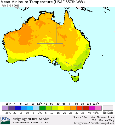 Australia Mean Minimum Temperature (USAF 557th WW) Thematic Map For 2/7/2022 - 2/13/2022