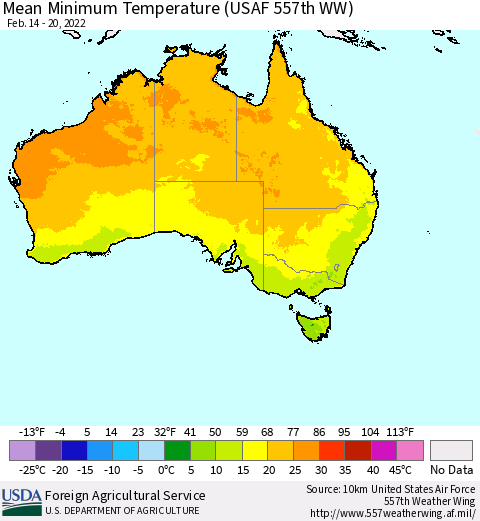 Australia Mean Minimum Temperature (USAF 557th WW) Thematic Map For 2/14/2022 - 2/20/2022