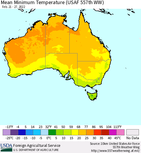 Australia Mean Minimum Temperature (USAF 557th WW) Thematic Map For 2/21/2022 - 2/27/2022