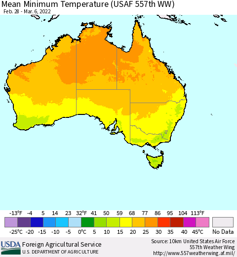 Australia Mean Minimum Temperature (USAF 557th WW) Thematic Map For 2/28/2022 - 3/6/2022