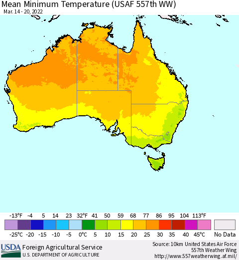 Australia Mean Minimum Temperature (USAF 557th WW) Thematic Map For 3/14/2022 - 3/20/2022