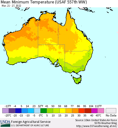 Australia Mean Minimum Temperature (USAF 557th WW) Thematic Map For 3/21/2022 - 3/27/2022