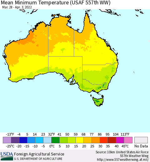 Australia Mean Minimum Temperature (USAF 557th WW) Thematic Map For 3/28/2022 - 4/3/2022