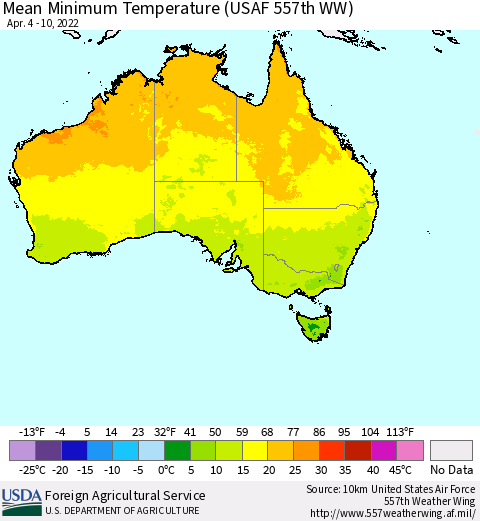 Australia Mean Minimum Temperature (USAF 557th WW) Thematic Map For 4/4/2022 - 4/10/2022