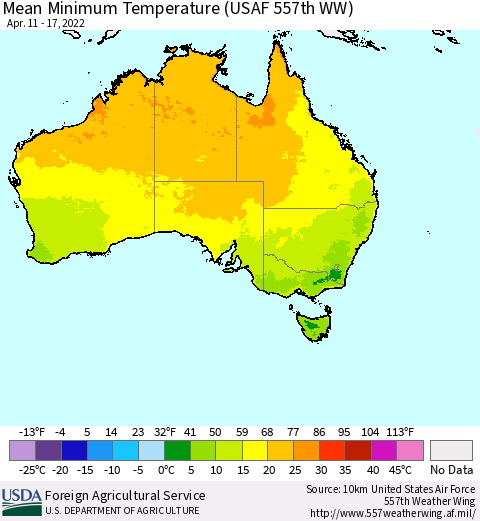 Australia Mean Minimum Temperature (USAF 557th WW) Thematic Map For 4/11/2022 - 4/17/2022
