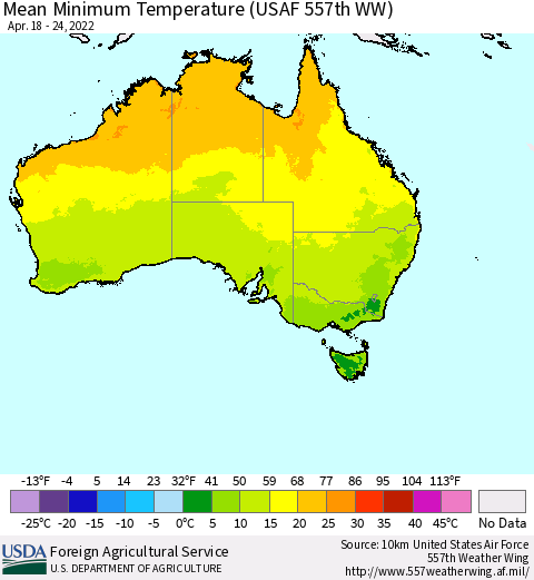 Australia Mean Minimum Temperature (USAF 557th WW) Thematic Map For 4/18/2022 - 4/24/2022