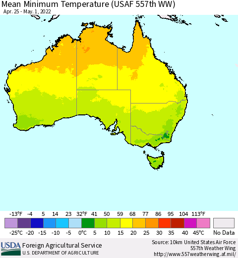 Australia Mean Minimum Temperature (USAF 557th WW) Thematic Map For 4/25/2022 - 5/1/2022