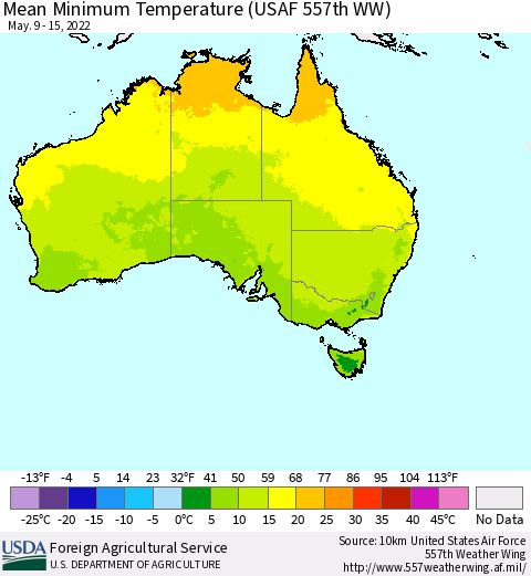 Australia Mean Minimum Temperature (USAF 557th WW) Thematic Map For 5/9/2022 - 5/15/2022