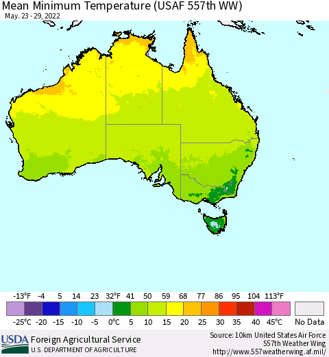 Australia Mean Minimum Temperature (USAF 557th WW) Thematic Map For 5/23/2022 - 5/29/2022