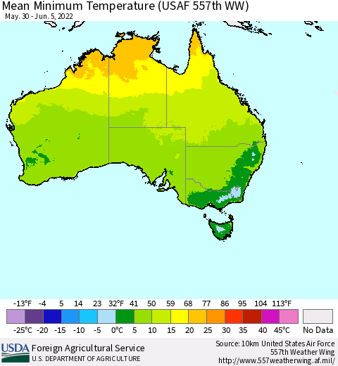 Australia Mean Minimum Temperature (USAF 557th WW) Thematic Map For 5/30/2022 - 6/5/2022