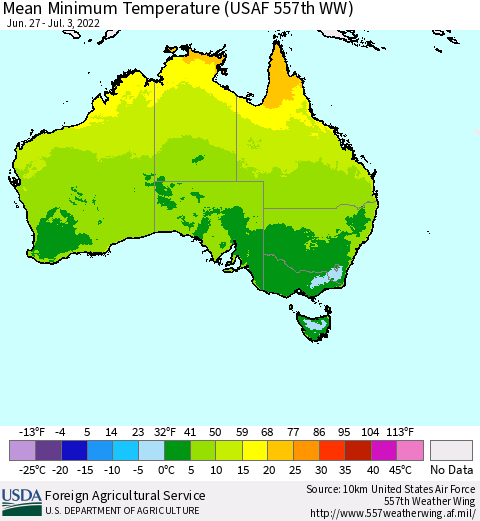 Australia Mean Minimum Temperature (USAF 557th WW) Thematic Map For 6/27/2022 - 7/3/2022