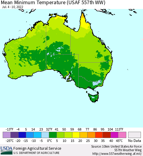 Australia Mean Minimum Temperature (USAF 557th WW) Thematic Map For 7/4/2022 - 7/10/2022