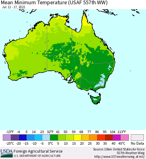 Australia Mean Minimum Temperature (USAF 557th WW) Thematic Map For 7/11/2022 - 7/17/2022