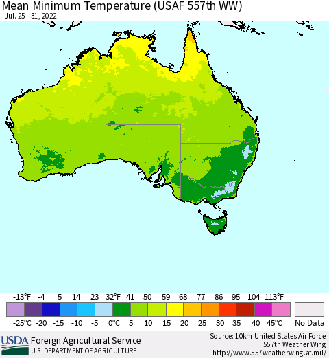 Australia Mean Minimum Temperature (USAF 557th WW) Thematic Map For 7/25/2022 - 7/31/2022