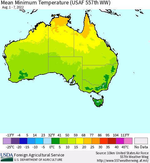 Australia Mean Minimum Temperature (USAF 557th WW) Thematic Map For 8/1/2022 - 8/7/2022