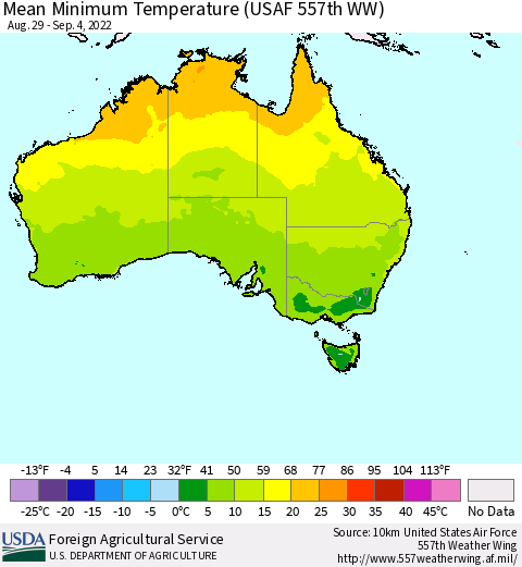 Australia Mean Minimum Temperature (USAF 557th WW) Thematic Map For 8/29/2022 - 9/4/2022