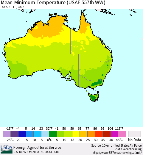 Australia Mean Minimum Temperature (USAF 557th WW) Thematic Map For 9/5/2022 - 9/11/2022