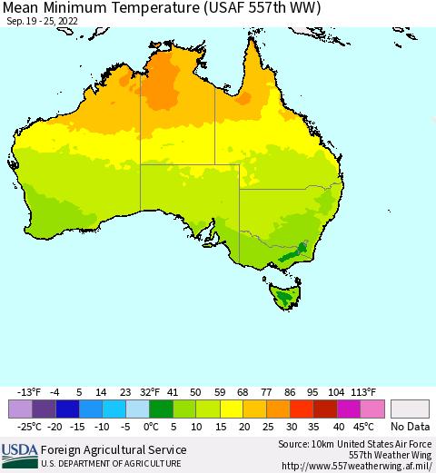 Australia Mean Minimum Temperature (USAF 557th WW) Thematic Map For 9/19/2022 - 9/25/2022