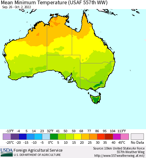 Australia Mean Minimum Temperature (USAF 557th WW) Thematic Map For 9/26/2022 - 10/2/2022