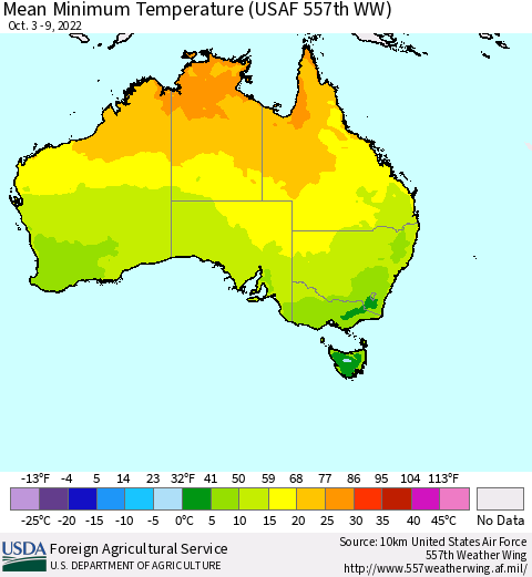 Australia Mean Minimum Temperature (USAF 557th WW) Thematic Map For 10/3/2022 - 10/9/2022