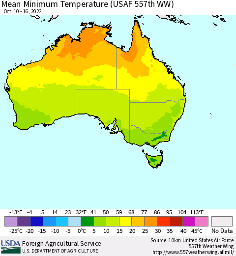 Australia Mean Minimum Temperature (USAF 557th WW) Thematic Map For 10/10/2022 - 10/16/2022