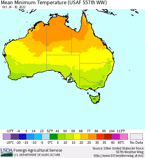 Australia Mean Minimum Temperature (USAF 557th WW) Thematic Map For 10/24/2022 - 10/30/2022