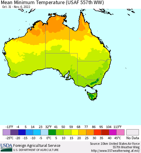 Australia Mean Minimum Temperature (USAF 557th WW) Thematic Map For 10/31/2022 - 11/6/2022