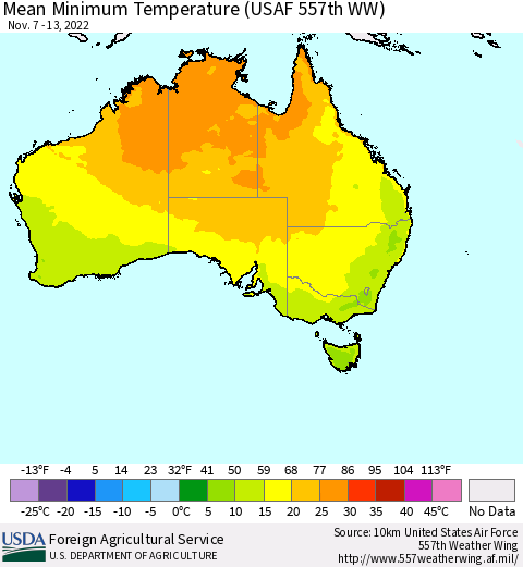 Australia Mean Minimum Temperature (USAF 557th WW) Thematic Map For 11/7/2022 - 11/13/2022