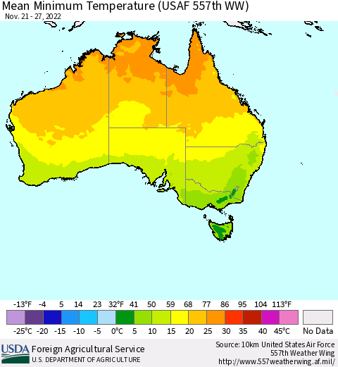 Australia Mean Minimum Temperature (USAF 557th WW) Thematic Map For 11/21/2022 - 11/27/2022