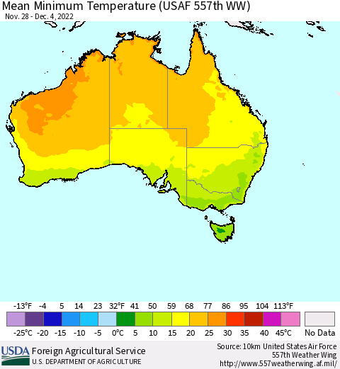 Australia Mean Minimum Temperature (USAF 557th WW) Thematic Map For 11/28/2022 - 12/4/2022