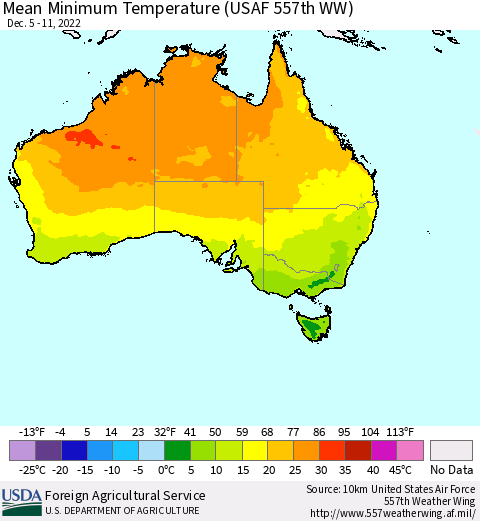 Australia Mean Minimum Temperature (USAF 557th WW) Thematic Map For 12/5/2022 - 12/11/2022