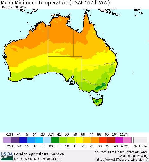 Australia Mean Minimum Temperature (USAF 557th WW) Thematic Map For 12/12/2022 - 12/18/2022